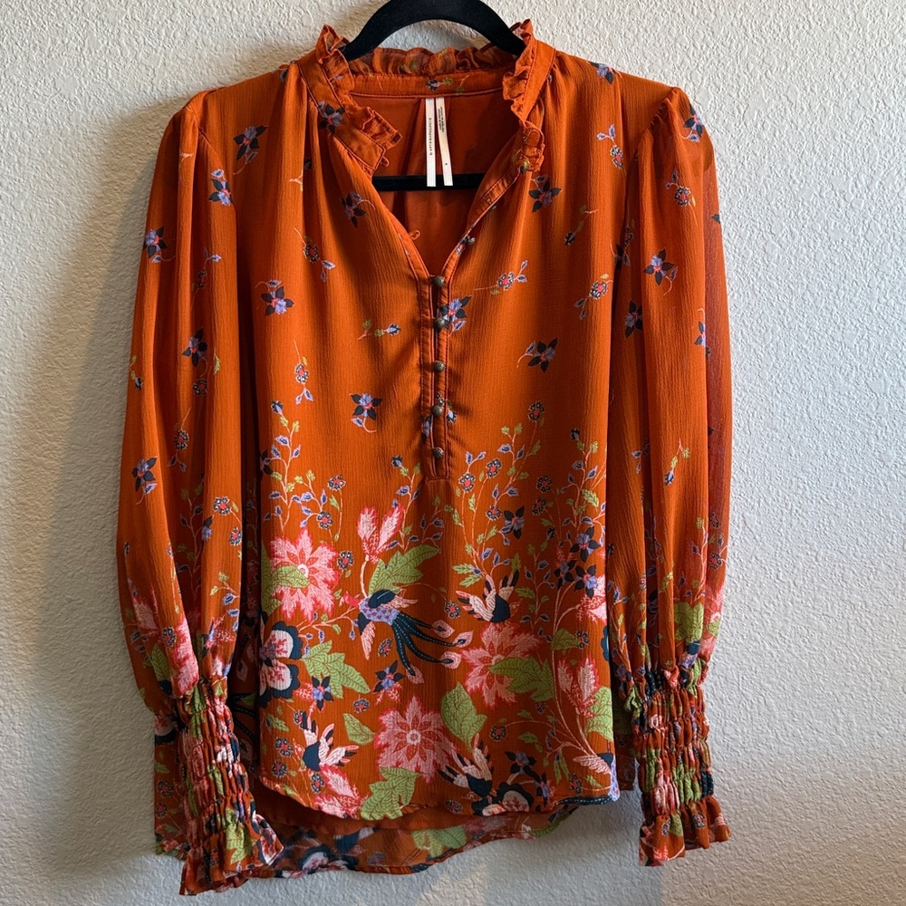 Anthropologie Vibrant Orange Top with Floral Accents size Small